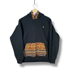 Illari Black Hoodie Mens L Peruvian Pattern Pocket Hood Trim Cotton Retro
